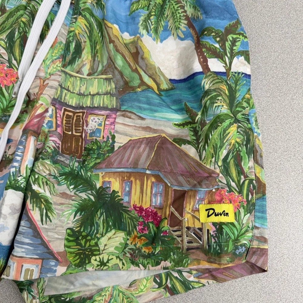Duvin Shorts Mens Medium Blue Tropical Beach Surf Shack Print Swim Trunks